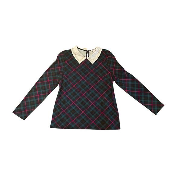 Charter Club Peter Pan Embelished Collar Top Plaided Multicolor Womens Large NEW - Picture 4 of 6